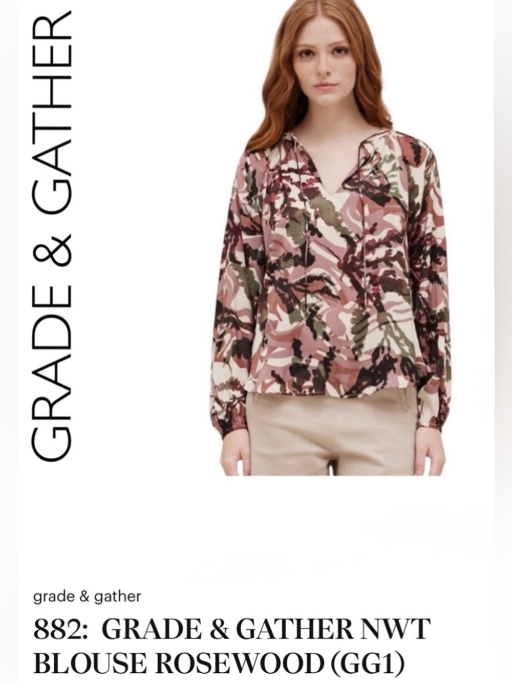GRADE & GATHER NWT Printed Long-Sleeve Blouse in Pink & Brown size Small